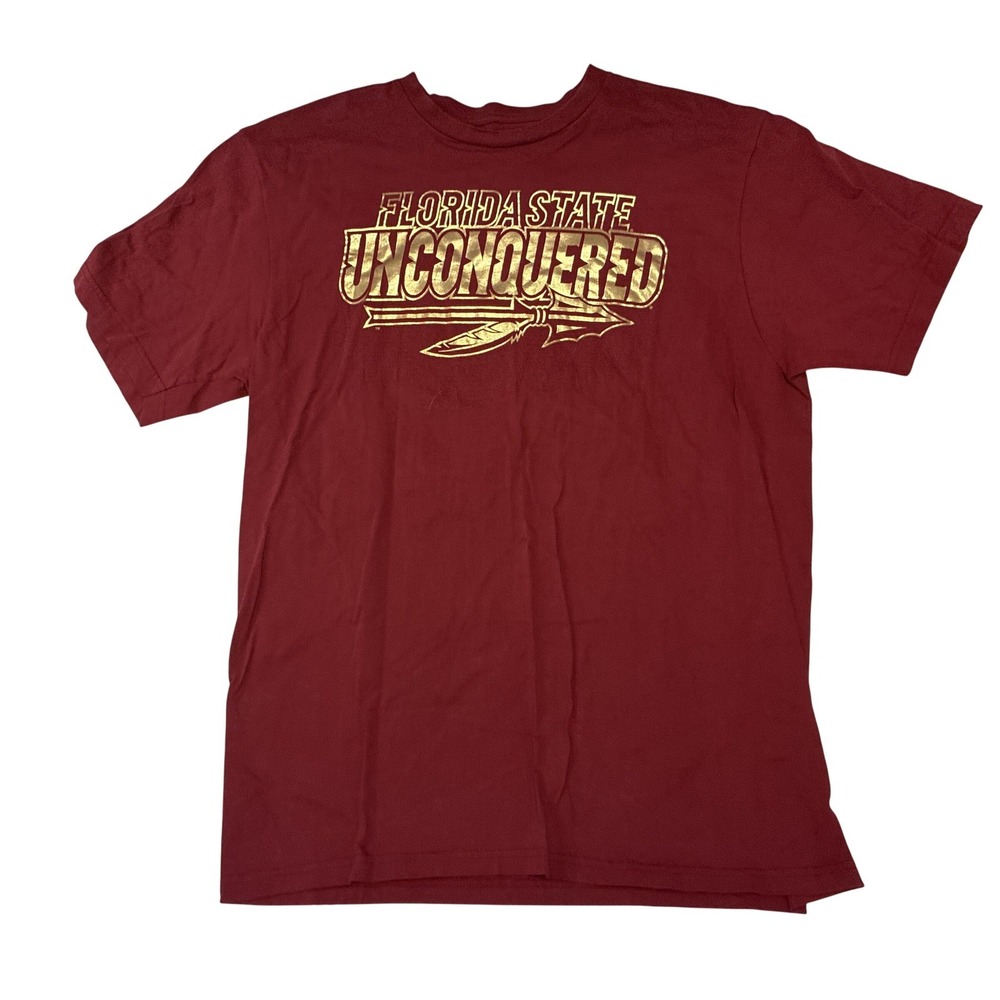 Majestic Florida State Seminoles Unconquered T-Shirt Mens XL Maroon Gold Foil‎